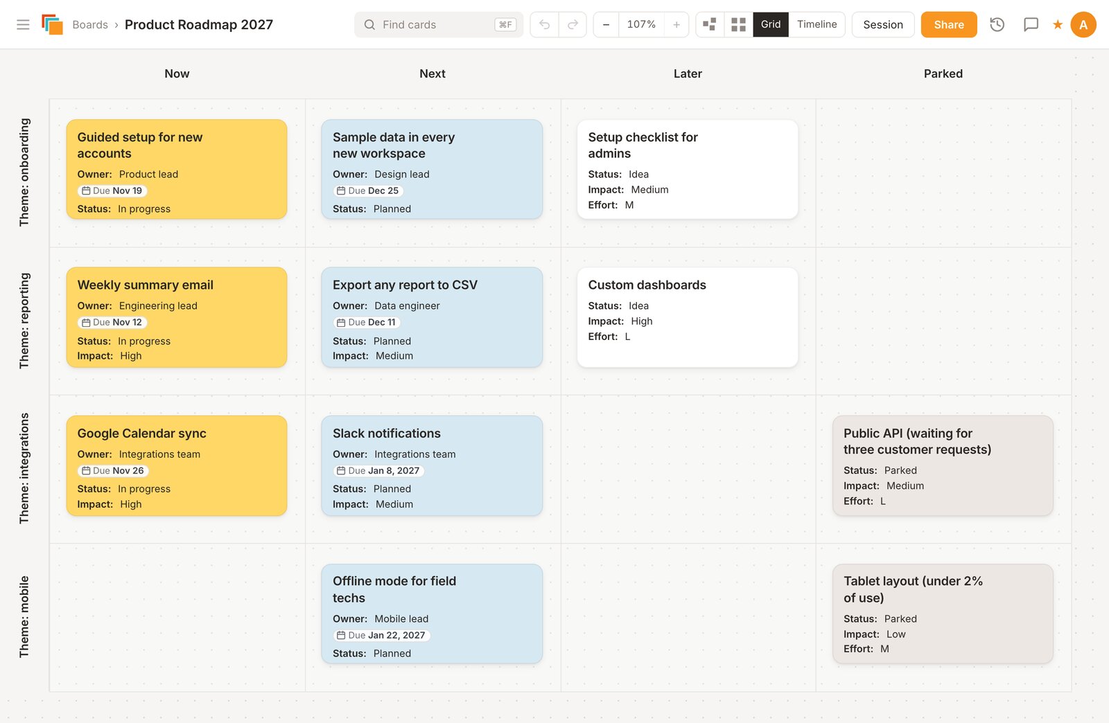 The Roadmap template in Cardsmith: rows for themes and columns for Now, Next, Later and Parked.