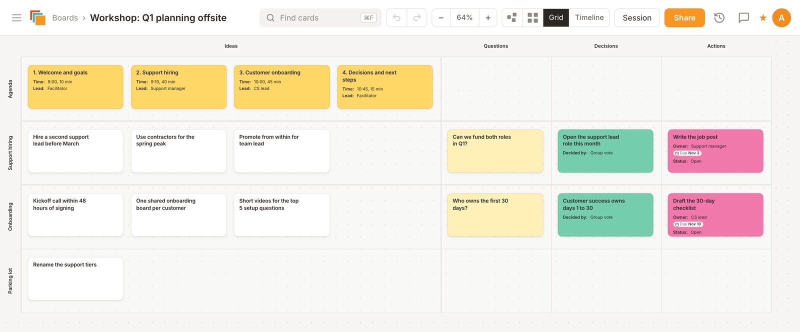 The Workshop template in Cardsmith: rows for the agenda, two topics and a parking lot, and columns for ideas, questions, decisions and actions.